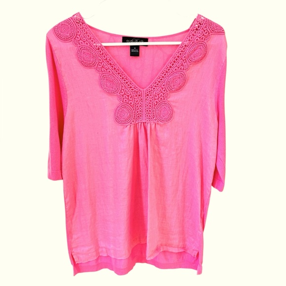 August Silk Embroidered Linen Tunic Top Women’s Medium Pink V Neck High Low Hem - Picture 7 of 7